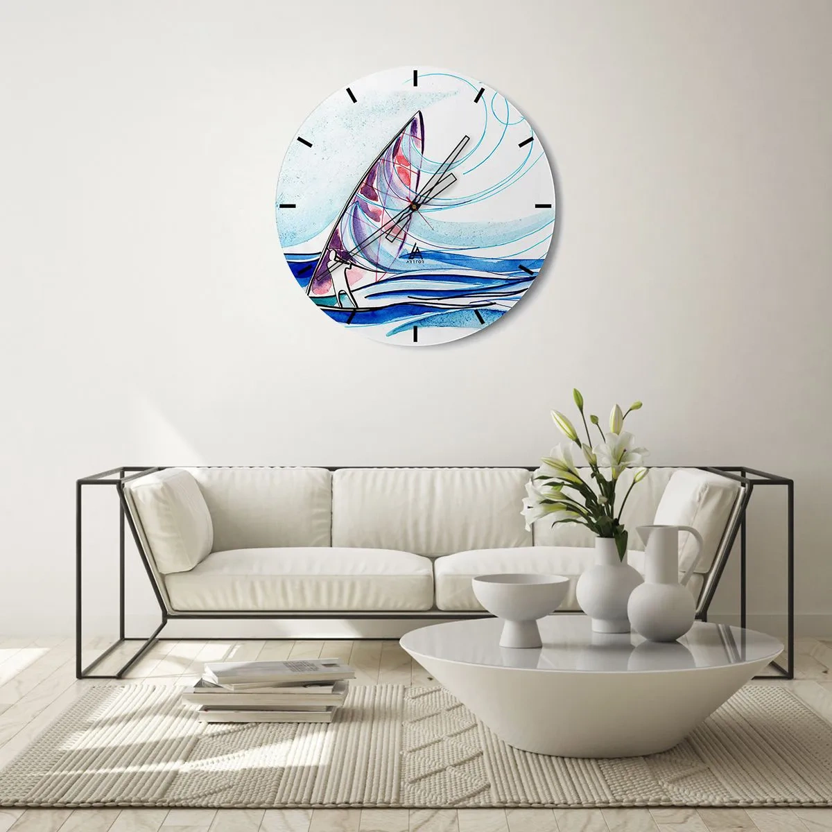 Zegar ścienny - Żaglówka na wzburzonym morzu w dynamicznej, abstrakcyjnej formie - 30x30cm - Z wiatrem w rytmie fal - Nowoczesna dekoracja ścienna do salonu, kuchni i sypialni ARTTOR