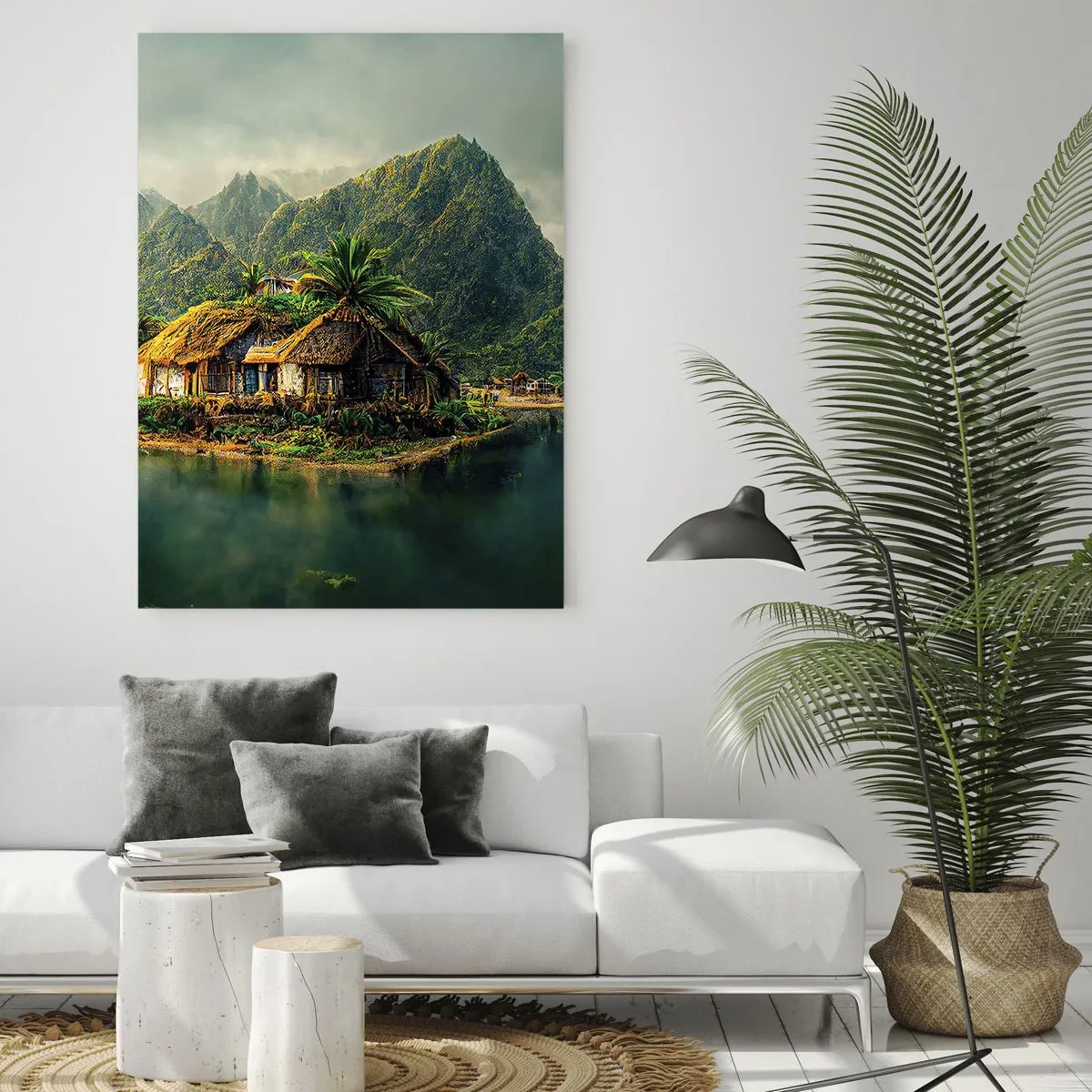 Obraz na szkle - Tropikalna wioska nad wodą w otoczeniu gór i palm - 50x70cm - Tropikalny raj - Nowoczesna dekoracja ścienna do salonu, kuchni i sypialni ARTTOR