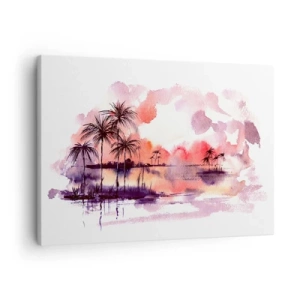 Obraz na płótnie - Tropikalny pejzaż z palmami o zachodzie słońca w akwareli - 70x50cm - Spokój tropików w czerwieni - Nowoczesna dekoracja ścienna do salonu i sypialni ARTTOR