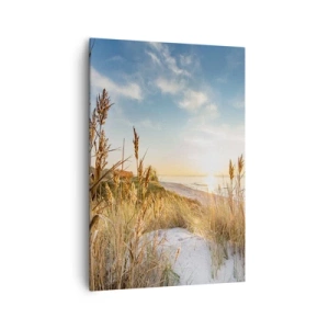Obraz na płótnie - Malownicza plaża z trawami i zachodzącym słońcem - 70x100cm - Północna plaża - Nowoczesna dekoracja ścienna do salonu i sypialni ARTTOR