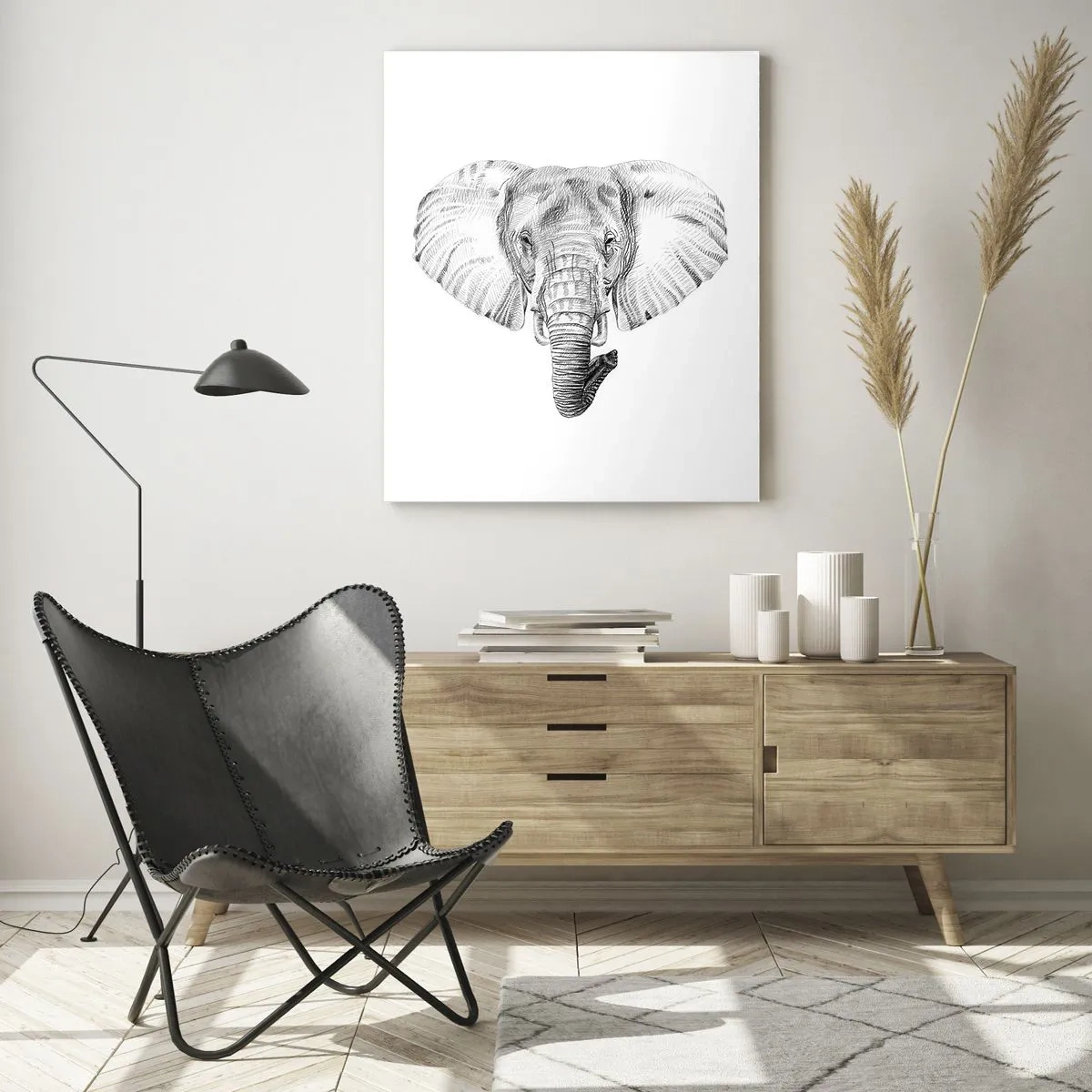 Obraz na szkle - Czarno-biały rysunek głowy słonia na białym tle - 50x70cm - "Był sobie słoń, wielki jak - słoń" - Nowoczesna dekoracja ścienna do salonu, kuchni i sypialni ARTTOR