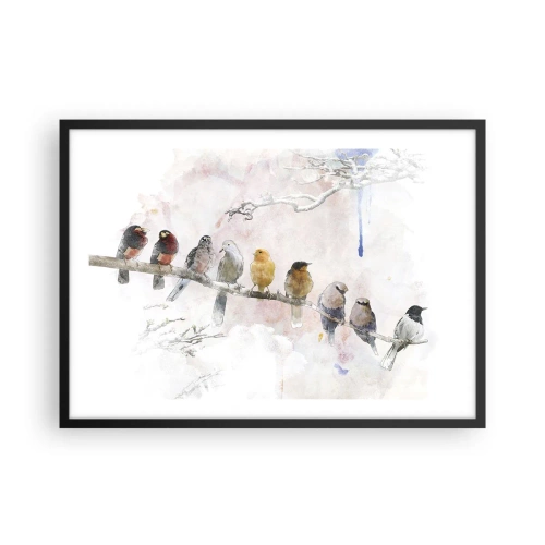 Plakat w czarnej ramie - Kolorowe ptaki na gałęzi w akwarelowym stylu - 70x50cm - Skrzydlate spotkanie - Nowoczesna dekoracja ścienna do salonu i sypialni ARTTOR
