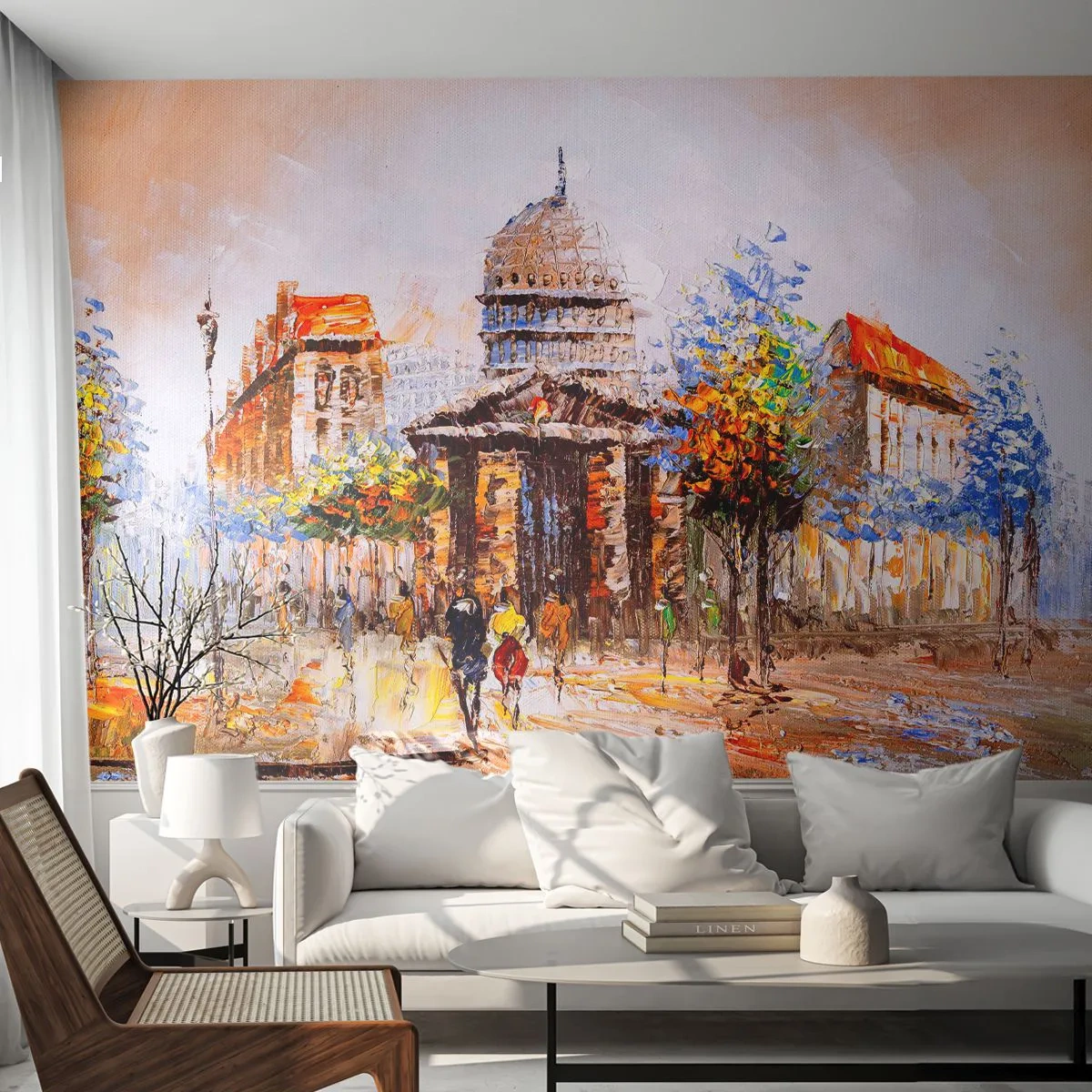 Fototapeta Premium Sand - Impresjonistyczna panorama miasta z kopułą i ludźmi - 100x70cm - Paryski spacer - Nowoczesna dekoracja ścienna do salonu, kuchni i sypialni ARTTOR
