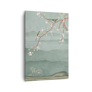 Obraz na płótnie - Malowniczy obraz gałęzi kwitnącego drzewa z ptakami na tle zielonych wzgórz - 70x100cm - Wiosna, ach, to ty - Nowoczesna dekoracja ścienna do salonu i sypialni ARTTOR