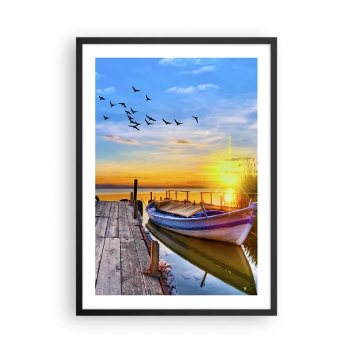 Plakat w czarnej ramie - Łódka na jeziorze o zachodzie słońca z ptakami w tle - 50x70cm - Do widzenia, do jutra - Nowoczesna dekoracja ścienna do salonu i sypialni ARTTOR
