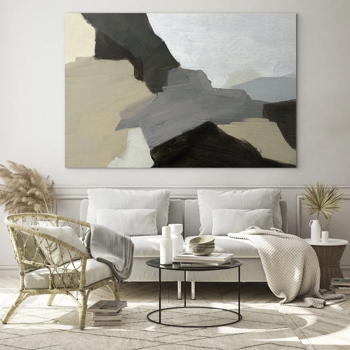 Obraz na szkle - Nowoczesna kompozycja abstrakcyjna w odcieniach szarości - 70x50cm - Abstrakcja: rozstaje szarości - Nowoczesna dekoracja ścienna do salonu i sypialni ARTTOR