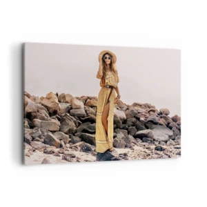 Obraz na płótnie - Kobieta w stylu boho na tle kamienistej plaży - 120x80cm - Magia kamieni - Nowoczesna dekoracja ścienna do salonu, kuchni i sypialni ARTTOR