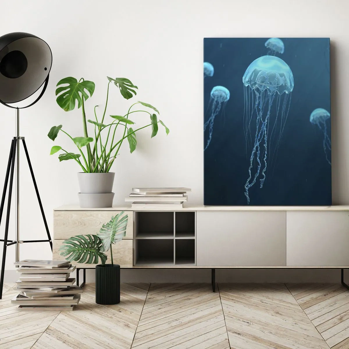 Obraz na płótnie - Podwodne meduzy w niebieskich tonacjach oceanu - 50x70cm - Oceaniczny taniec - Nowoczesna dekoracja ścienna do salonu, kuchni i sypialni ARTTOR