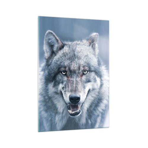 Obraz na szkle - Wilk z intensywnym spojrzeniem w zimowym krajobrazie - 70x100cm - Podejmiesz wyzwanie? - Nowoczesna dekoracja ścienna do salonu i sypialni ARTTOR