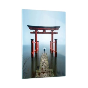 Obraz na szkle - Czerwony torii nad spokojną wodą w mglistej scenerii - 50x70cm - Japońska zaduma - Nowoczesna dekoracja ścienna do salonu, kuchni i sypialni ARTTOR