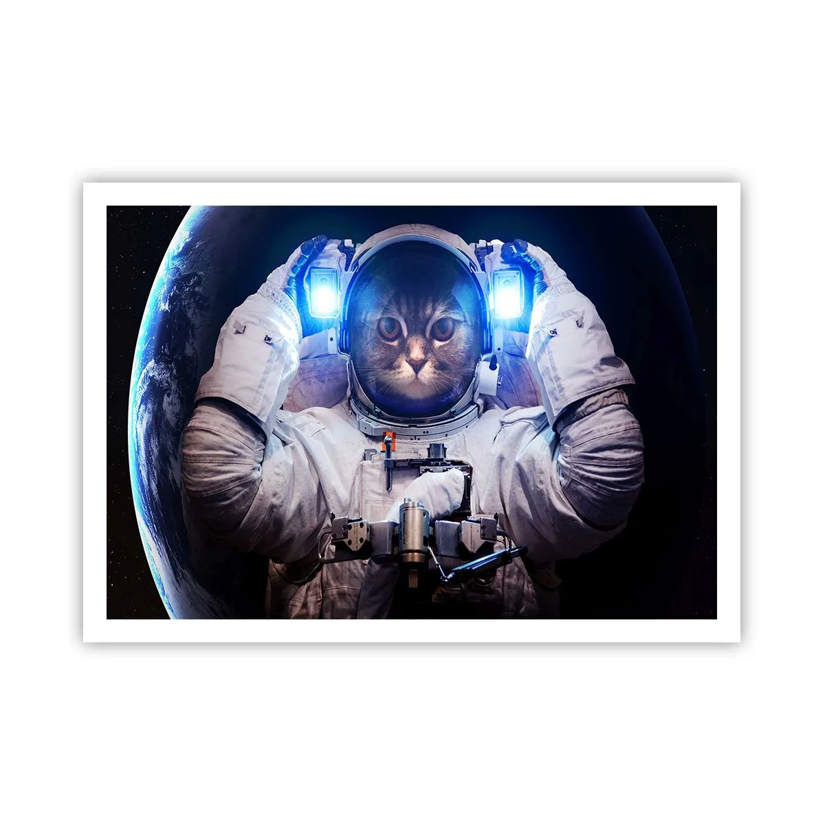 Plakat - Kot w stroju astronauty z Ziemią w tle i jasnym światłem - 100x70cm - Houston, macie problem - Nowoczesna dekoracja ścienna do salonu i sypialni ARTTOR