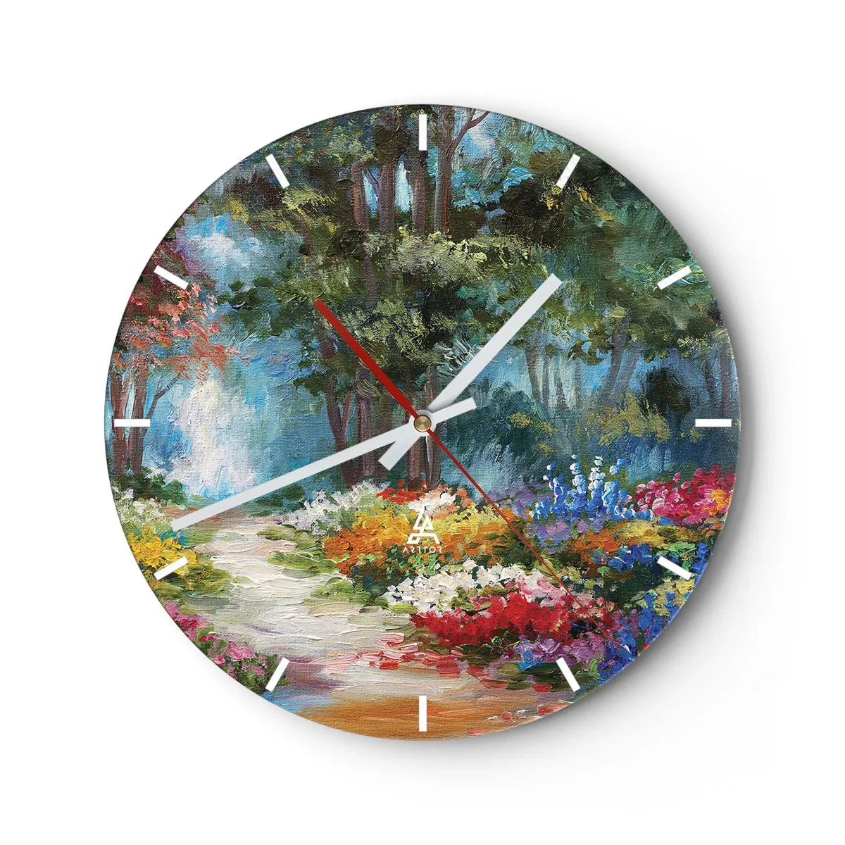 Zegar ścienny - Barwny ogród z kwiatami i drzewami w tle - 30x30cm - Leśny ogród, kwietny las - Nowoczesna dekoracja ścienna do salonu, kuchni i sypialni ARTTOR