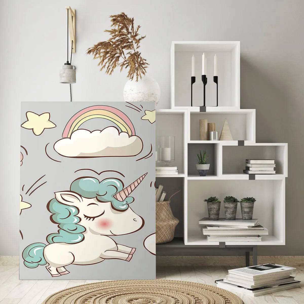 Obraz na szkle - Urocze jednorożce w chmurach z tęczą i balonikami - 50x70cm - Na pewno istnieją… - Nowoczesna dekoracja ścienna do salonu, kuchni i sypialni ARTTOR