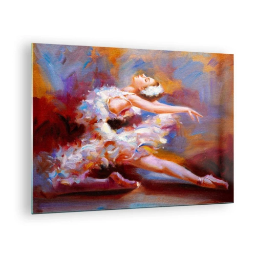 Obraz na szkle - Baletnica w dynamicznej pozie na tle abstrakcyjnych kolorów - 70x50cm - Łabędzia gracja - Nowoczesna dekoracja ścienna do salonu i sypialni ARTTOR