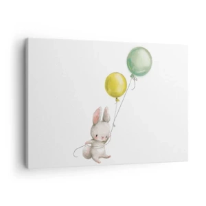 Obraz na płótnie - Królik trzymający balony w pastelowych odcieniach - 70x50cm - Też polecę! - Nowoczesna dekoracja ścienna do salonu i sypialni ARTTOR