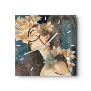 Zegar ścienny - Portret kobiety z kwiatami w artystycznym stylu na ciemnym tle - 30x30cm - Baśń o królewnie z liliami - Nowoczesna dekoracja ścienna do salonu i sypialni ARTTOR