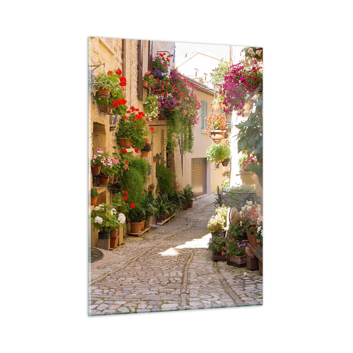 Obraz na szkle - Malownicza uliczka z kwiatami w doniczkach - 50x70cm - W kwiatów powodzi - Nowoczesna dekoracja ścienna do salonu, kuchni i sypialni ARTTOR