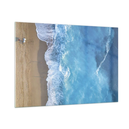 Obraz na szkle - Widok z lotu ptaka na plażę i uderzające fale - 100x70cm - Siła błękitu - Nowoczesna dekoracja ścienna do salonu, kuchni i sypialni ARTTOR