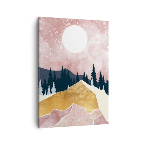 Obraz na płótnie - Geometryczny krajobraz z lasem i złotymi górami pod różowym niebem - 50x70cm - Nocna straż - Nowoczesna dekoracja ścienna do salonu, kuchni i sypialni ARTTOR