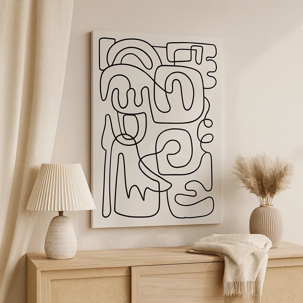 Obraz na płótnie - Abstrakcyjna kompozycja line art na jasnym tle - 50x70cm - Po śladzie - Nowoczesna dekoracja ścienna do salonu, kuchni i sypialni ARTTOR