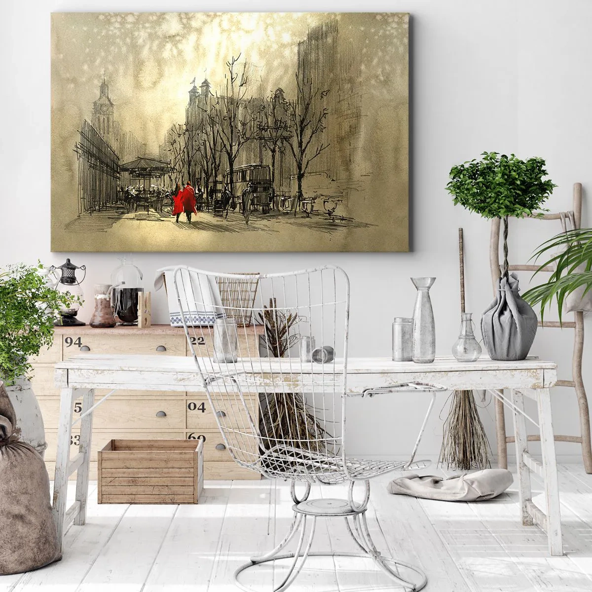 Obraz na płótnie - Czerwona postać w nostalgicznej miejskiej scenerii - 70x50cm - Randka w londyńskiej mgle - Nowoczesna dekoracja ścienna do salonu i sypialni ARTTOR