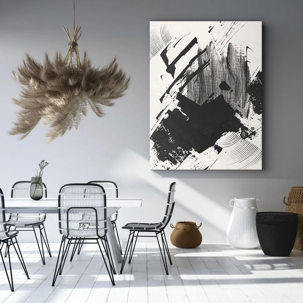 Obraz na płótnie - Czarno-biała abstrakcja z dynamicznymi pociągnięciami pędzla - 50x70cm - Abstrakcja – ekspresja czerni - Nowoczesna dekoracja ścienna do salonu, kuchni i sypialni ARTTOR