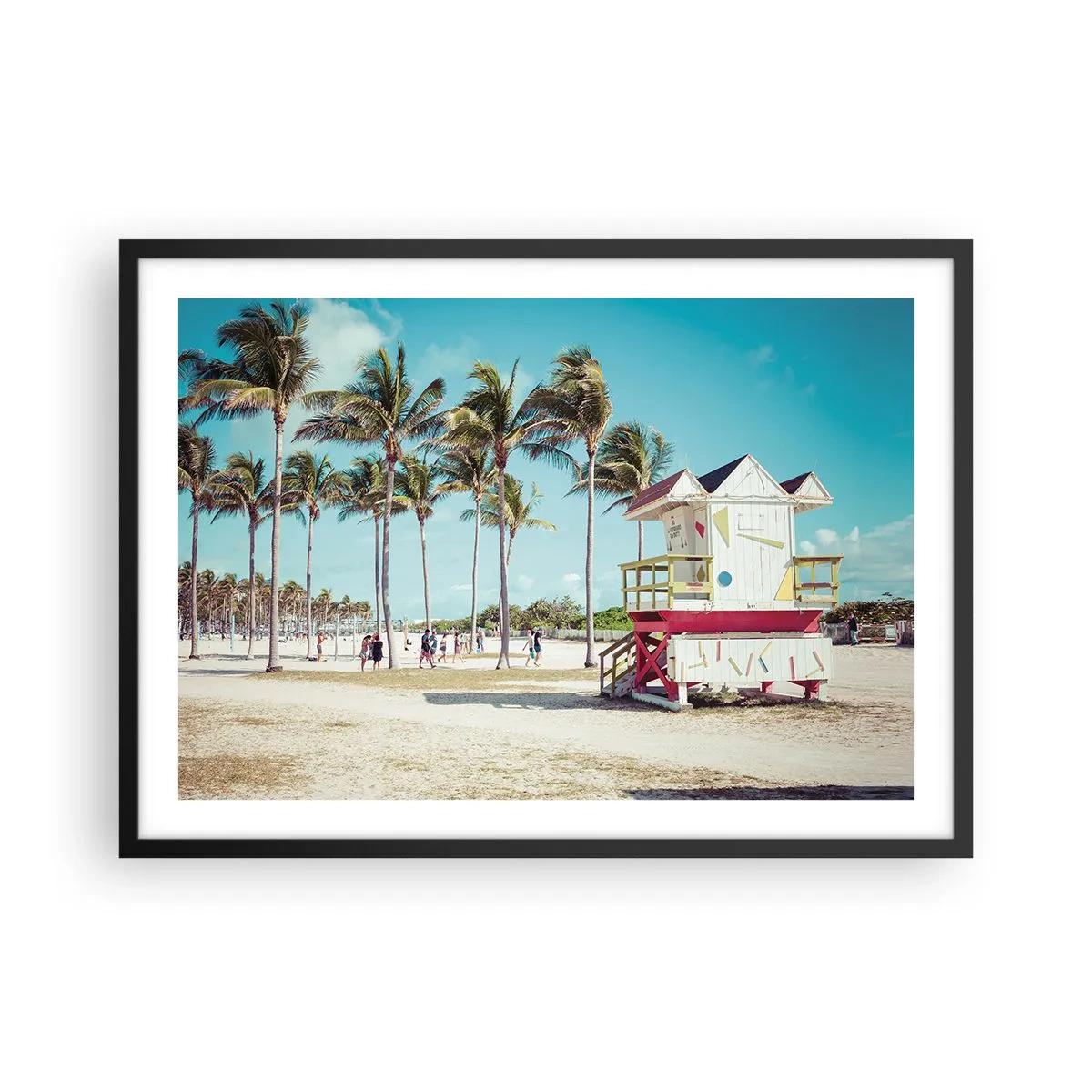 Plakat w czarnej ramie - Plaża z palmami i wieżą ratowniczą w tle - 70x50cm - Przed tobą piękny dzień - Nowoczesna dekoracja ścienna do salonu i sypialni ARTTOR