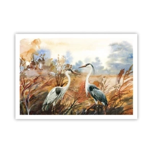 Plakat - Dwie czaple na tle jesiennego pejzażu - 100x70cm - Dokąd jesienią? - Nowoczesna dekoracja ścienna do salonu i sypialni ARTTOR
