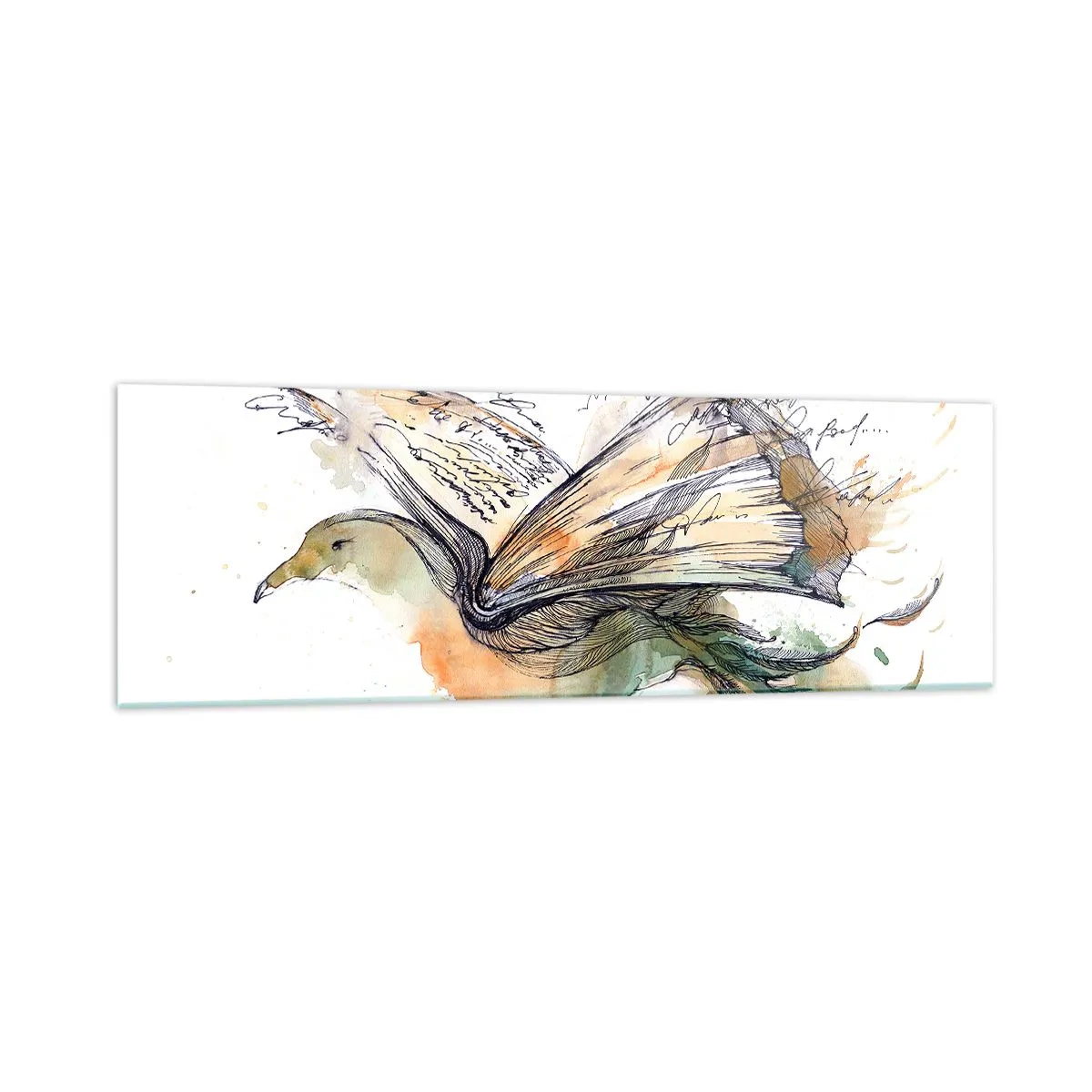 Obraz na szkle - Artystyczna akwarela ptaka z książką jako skrzydłami - 160x50cm - Na skrzydłach poezji - Nowoczesna dekoracja ścienna do salonu i sypialni ARTTOR