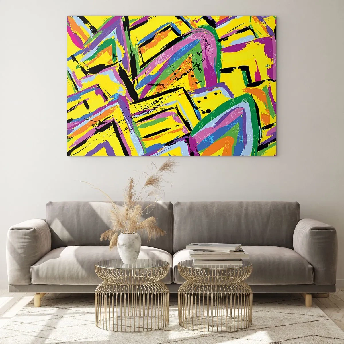 Obraz na szkle - Intensywna abstrakcja w jaskrawych kolorach na żółtym tle - 100x70cm - Aż krzyczy z radości - Nowoczesna dekoracja ścienna do salonu, kuchni i sypialni ARTTOR