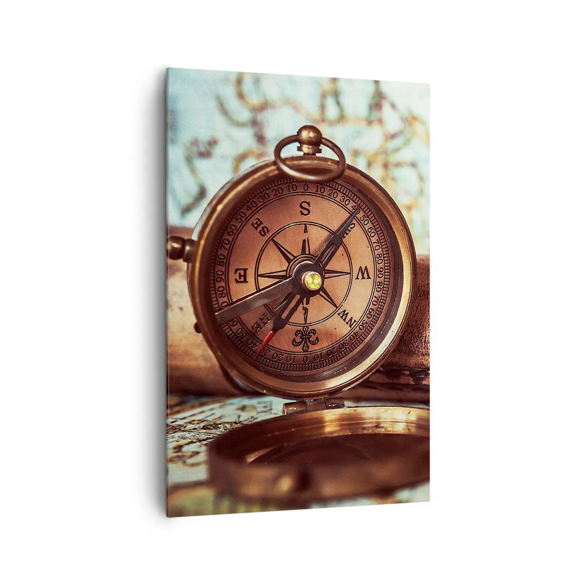 Obraz na płótnie - Zestaw retro z kompasem, lunetą i mapą w klimacie podróżniczym - 80x120cm - Piracka przygoda na Karaibach czeka - Nowoczesna dekoracja ścienna do salonu i sypialni ARTTOR