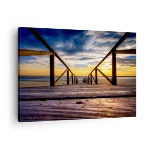 Obraz na płótnie - Drewniany pomost prowadzący na plażę o zachodzie słońca - 70x50cm - Prosto na cichą plażę o zachodzie słońca - Nowoczesna dekoracja ścienna do salonu i sypialni ARTTOR
