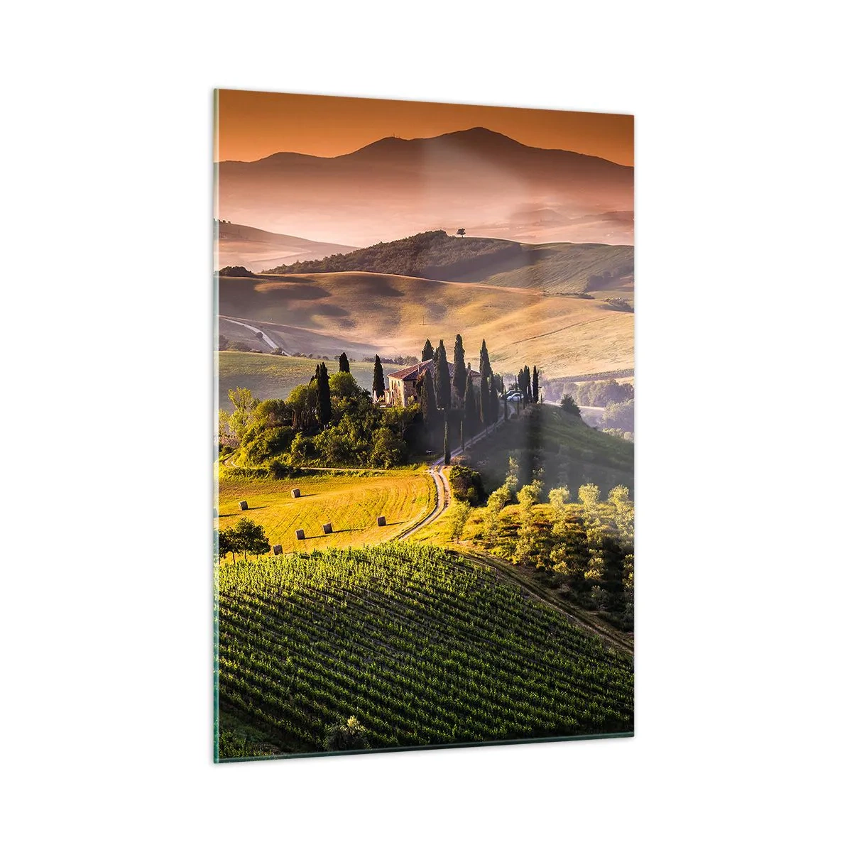 Obraz na szkle - Toskański krajobraz o wschodzie słońca - 50x70cm - Arkadia - pejzaż toskański - Nowoczesna dekoracja ścienna do salonu, kuchni i sypialni ARTTOR
