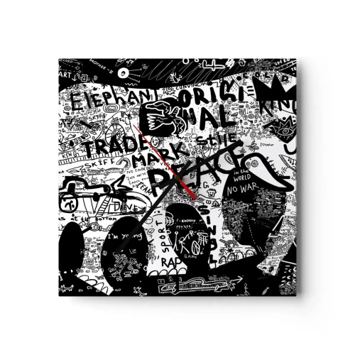Zegar ścienny - Czarno-biała grafika z motywami graffiti - 30x30cm - Bogaty świat ulicy - Nowoczesna dekoracja ścienna do salonu i sypialni ARTTOR