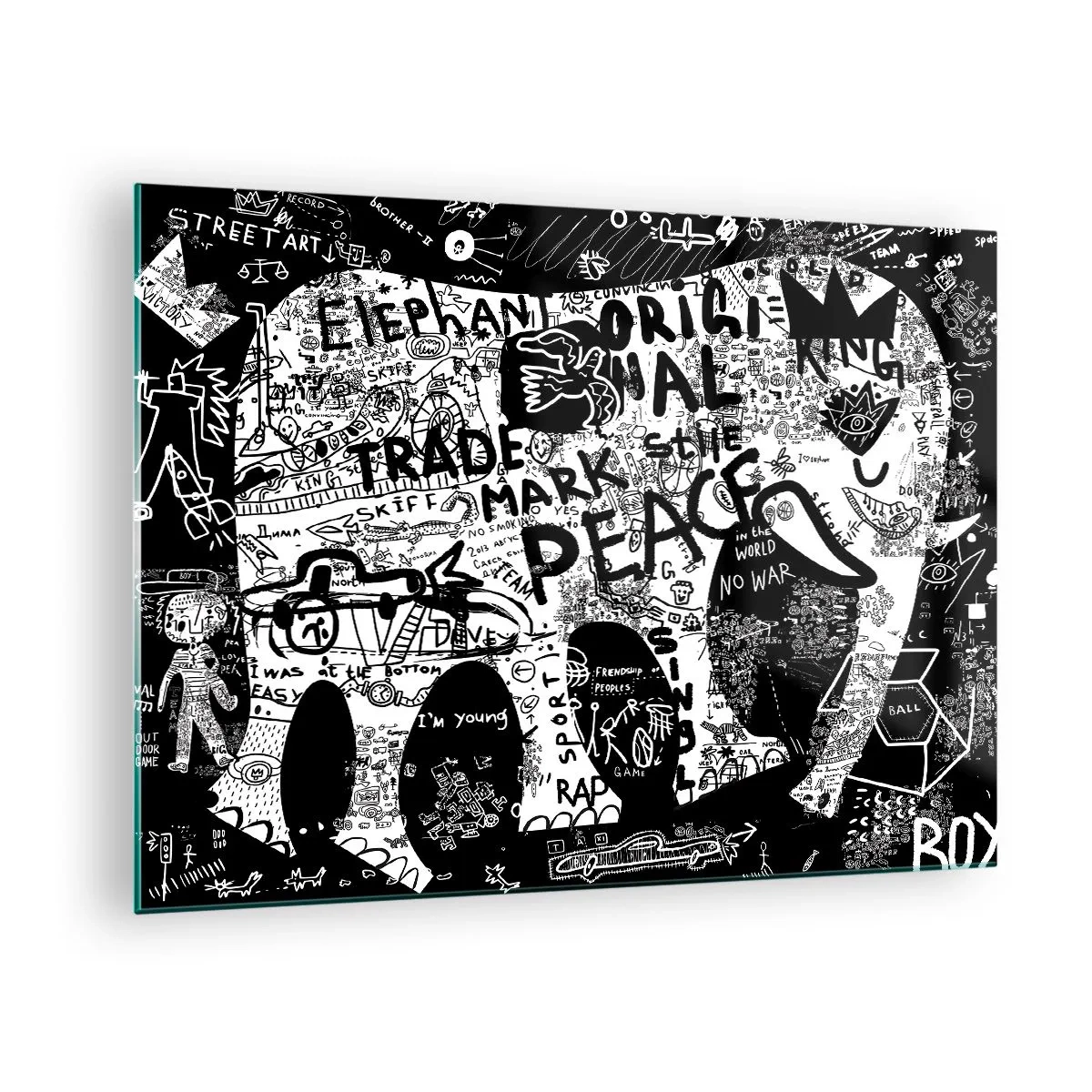 Obraz na szkle - Czarno-biały obraz graffiti z motywami pokoju i wolności - 70x50cm - Bogaty świat ulicy - Nowoczesna dekoracja ścienna do salonu i sypialni ARTTOR