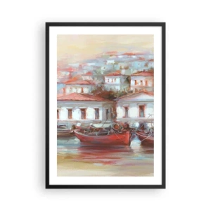 Plakat w czarnej ramie - Kolorowe miasteczko z łodziami przy brzegu - 50x70cm - Szczęśliwe miasteczko - Nowoczesna dekoracja ścienna do salonu i sypialni ARTTOR