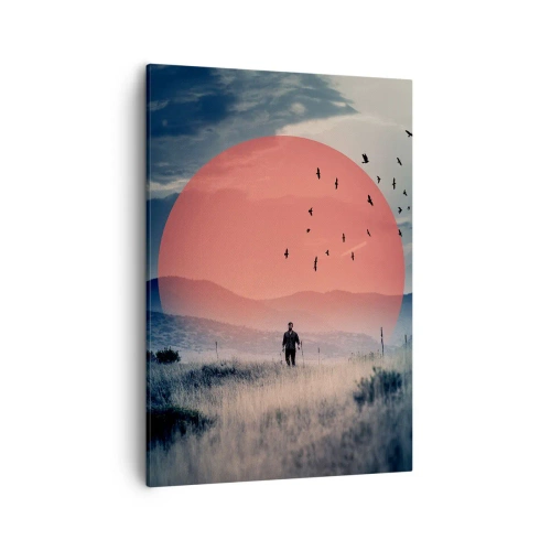 Obraz na płótnie - Sylwetka mężczyzny na polu z wielkim czerwonym słońcem w tle - 50x70cm - W swoich żywiołach - Nowoczesna dekoracja ścienna do salonu, kuchni i sypialni ARTTOR