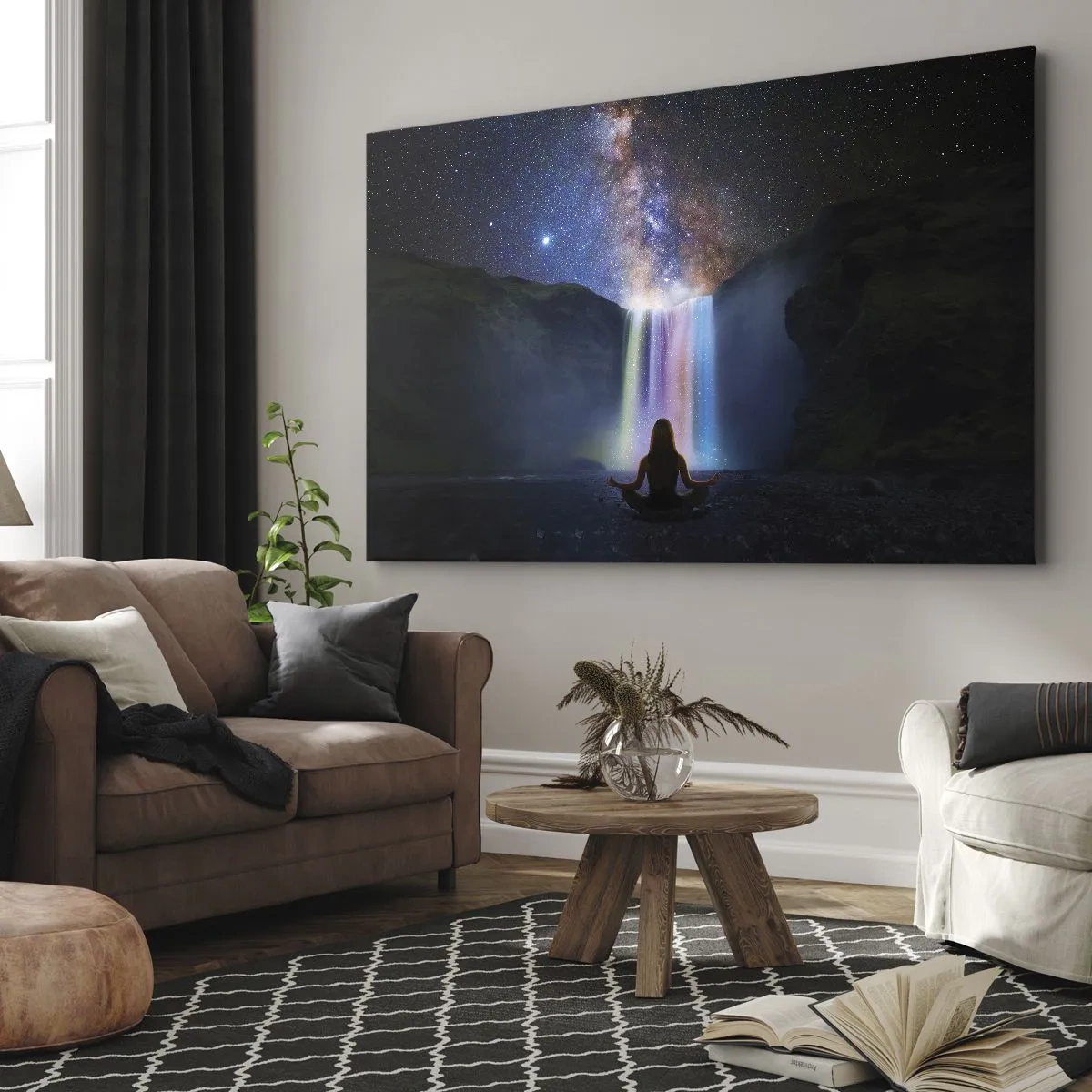 Obraz na płótnie - Medytacja przed wodospadem wśród gwiazd - 70x50cm - Absolutna harmonia - Nowoczesna dekoracja ścienna do salonu i sypialni ARTTOR