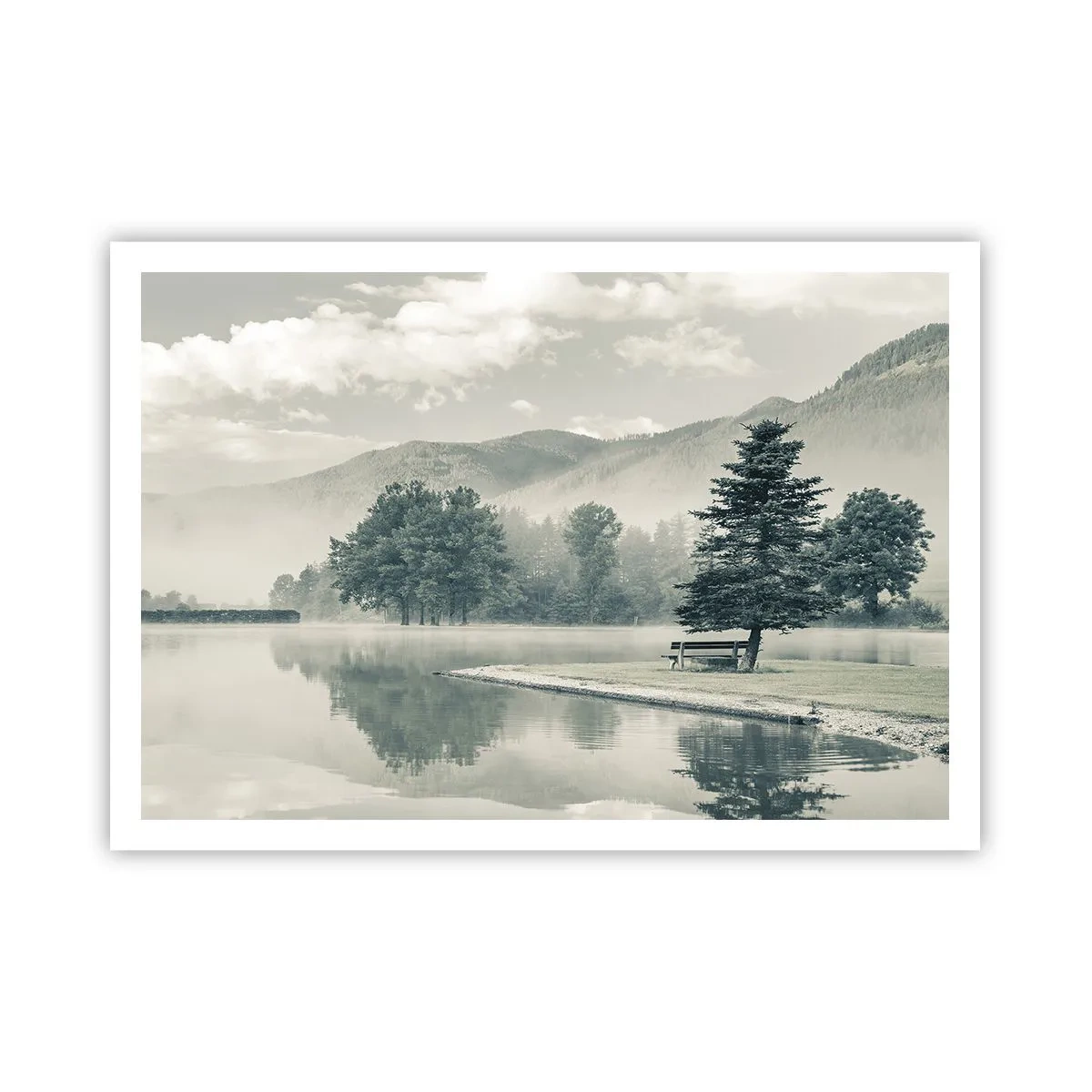 Plakat - Malownicze jezioro z ławką i mgłą w tle - 100x70cm - Jezioro jeszcze śpi - Nowoczesna dekoracja ścienna do salonu i sypialni ARTTOR