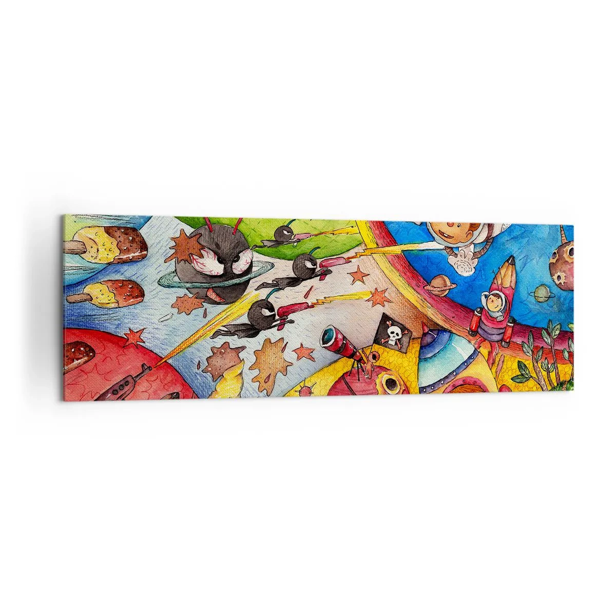 Obraz na płótnie - Kolorowa scena kosmiczna pełna dzieci i statków kosmicznych - 160x50cm - Wielka kosmiczna przygoda - Nowoczesna dekoracja ścienna do salonu i sypialni ARTTOR