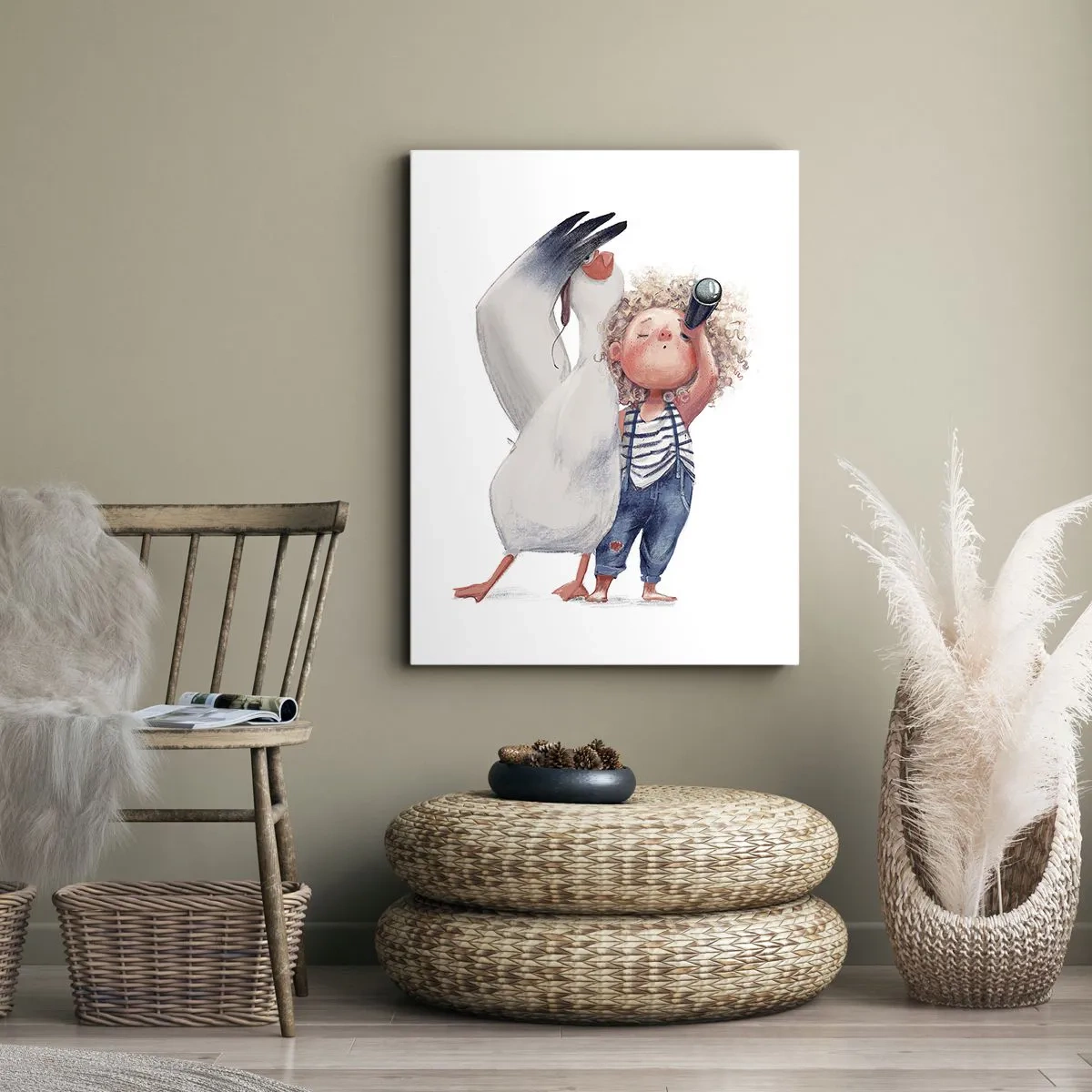 Obraz na płótnie - Ilustracja dziecka z pelikanem i lunetą w ręku - 70x100cm - Plan wielkiej podróży - Nowoczesna dekoracja ścienna do salonu i sypialni ARTTOR