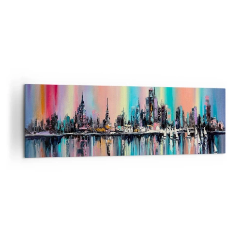 Obraz na płótnie - Kolorowy pejzaż miasta z odbiciem na wodzie - 160x50cm - Spłynąć światłem nocy - Nowoczesna dekoracja ścienna do salonu i sypialni ARTTOR