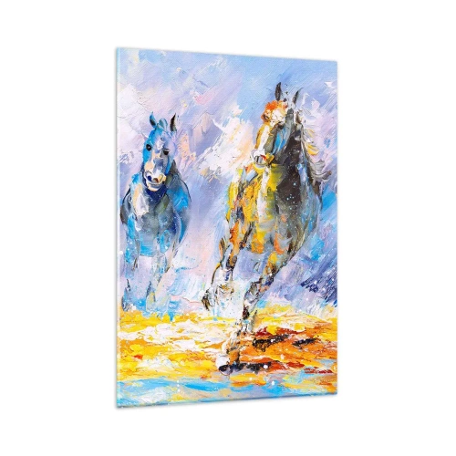 Obraz na szkle - Dwa konie w ruchu na tle abstrakcyjnego pejzażu - 80x120cm - Galopem przez blask - Nowoczesna dekoracja ścienna do salonu i sypialni ARTTOR
