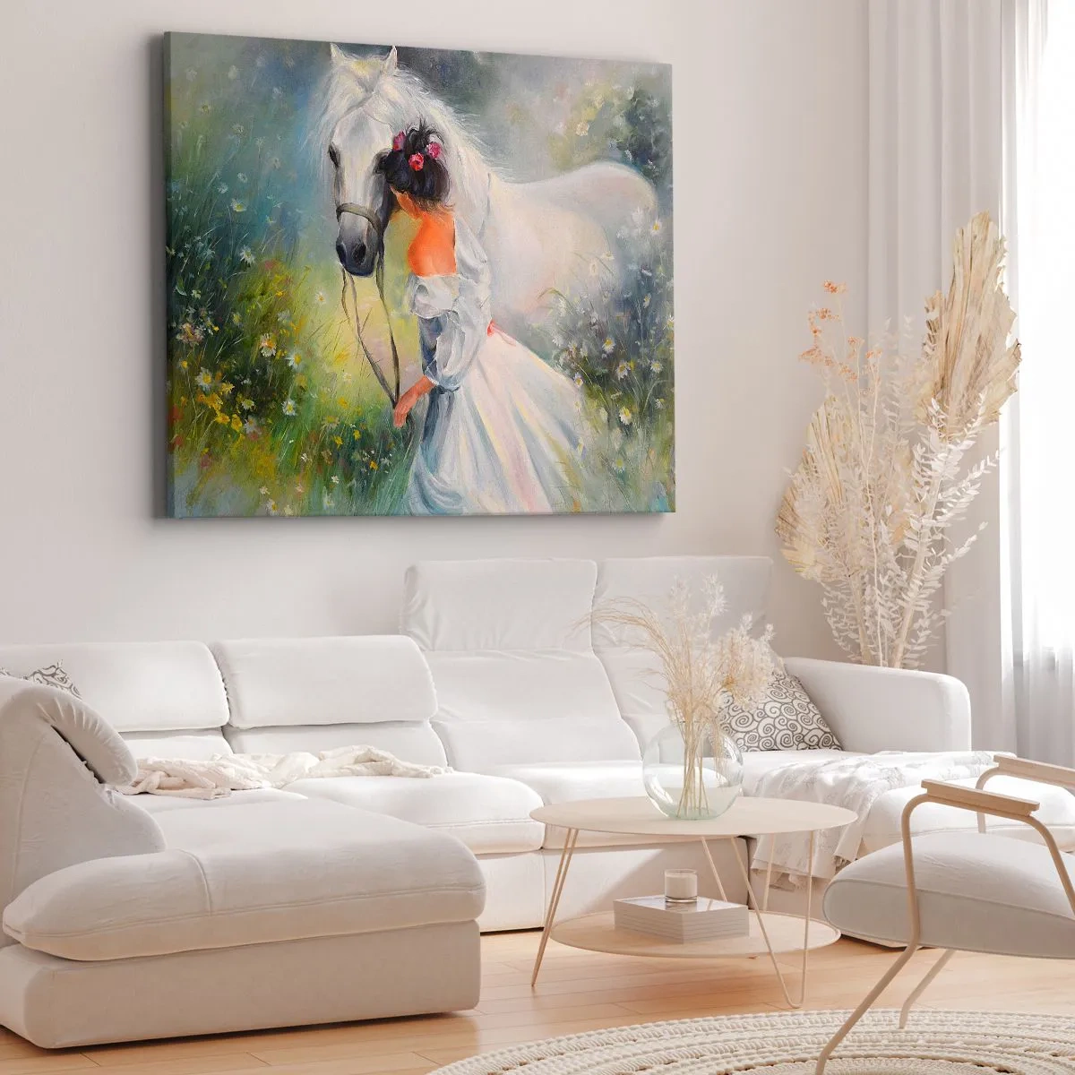 Obraz na płótnie - Kobieta z białym koniem w malowniczej scenerii - 70x50cm - Jak z pięknego snu - Nowoczesna dekoracja ścienna do salonu i sypialni ARTTOR