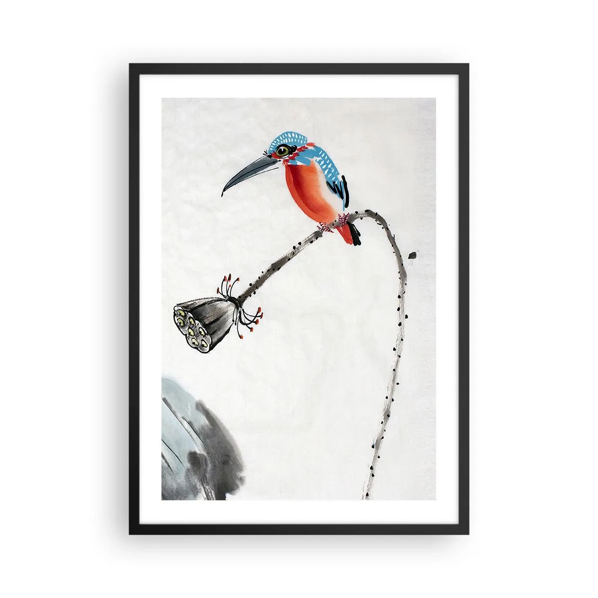 Plakat w czarnej ramie - Kolorowy zimorodek na gałęzi w stylu akwarelowym - 50x70cm - Życie łąki - Nowoczesna dekoracja ścienna do salonu i sypialni ARTTOR