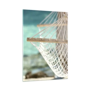 Obraz na szkle - Hamak z widokiem na krystalicznie czyste turkusowe wody - 50x70cm - Czas relaksu - Nowoczesna dekoracja ścienna do salonu, kuchni i sypialni ARTTOR