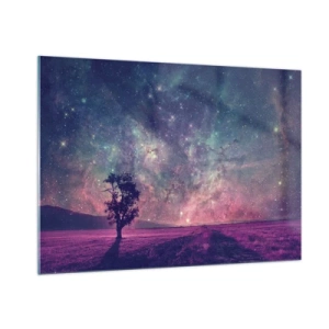 Obraz na szkle - Drzewo na tle rozgwieżdżonego nieba i galaktyki - 100x70cm - Pod magicznym niebem - Nowoczesna dekoracja ścienna do salonu, kuchni i sypialni ARTTOR