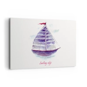 Obraz na płótnie - Akwarelowy obraz żaglówki na wodzie z delikatnym napisem - 120x80cm - Pełnych żagli i spokojnej wody - Nowoczesna dekoracja ścienna do salonu, kuchni i sypialni ARTTOR