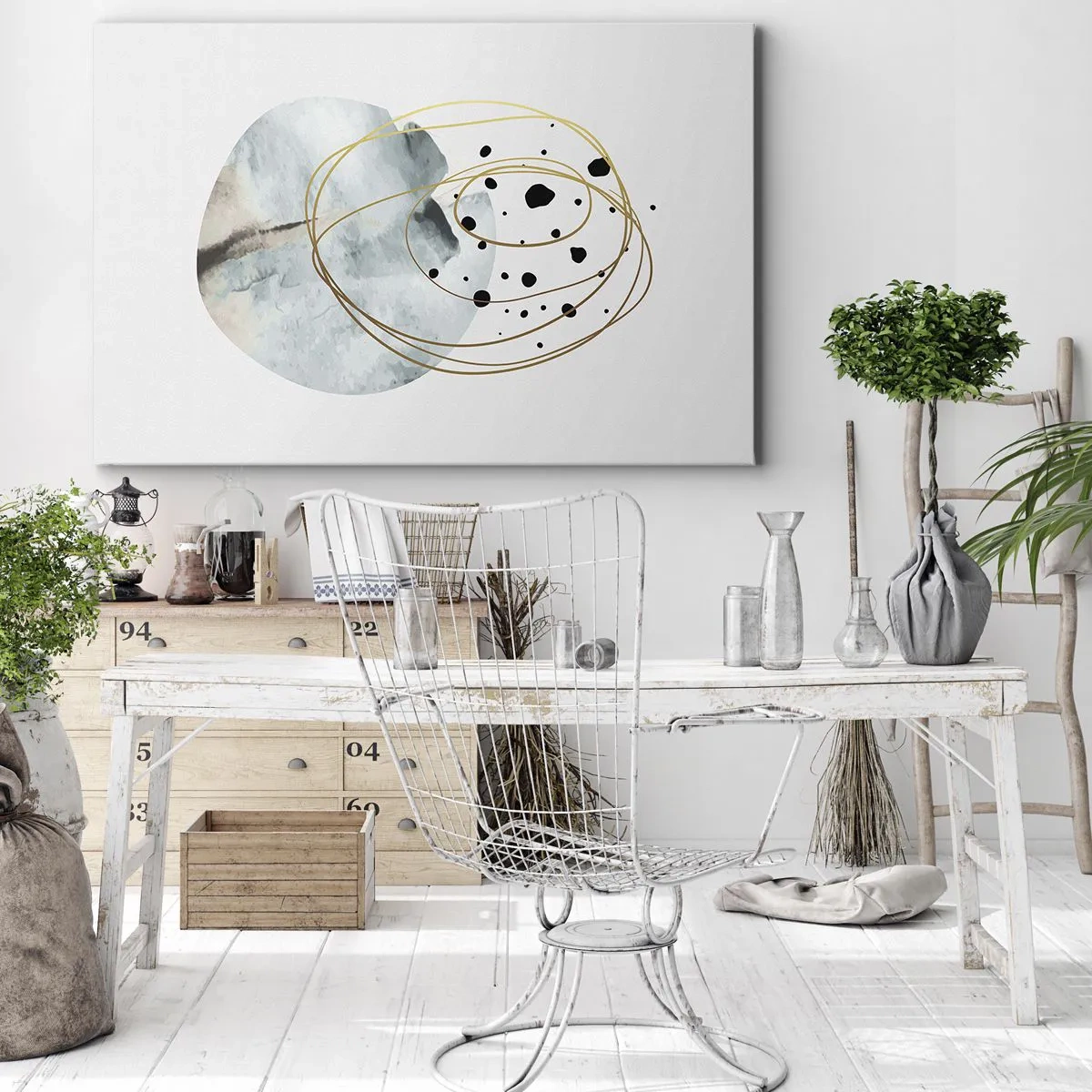 Obraz na płótnie - Minimalistyczna abstrakcja z geometrycznym wzorem i złotymi liniami - 70x50cm - W objęciach przestrzeni - Nowoczesna dekoracja ścienna do salonu i sypialni ARTTOR