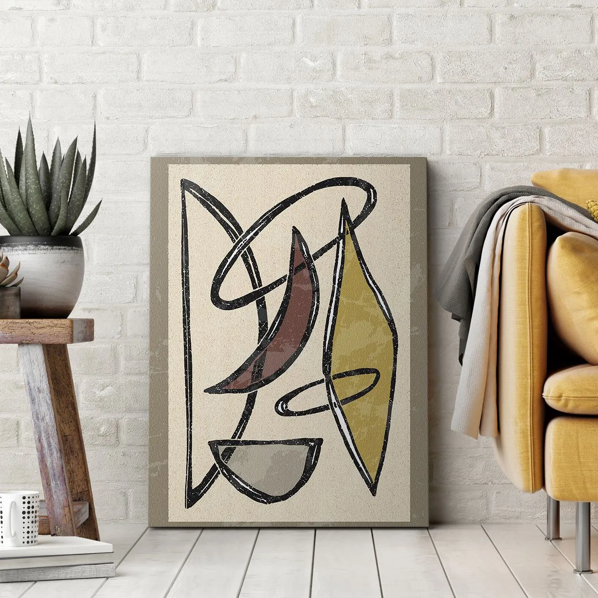 Obraz na płótnie - Geometria w odcieniach beżu, żółci i czerwieni z czarnymi liniami - 50x70cm - Piony i poziomy - Nowoczesna dekoracja ścienna do salonu, kuchni i sypialni ARTTOR